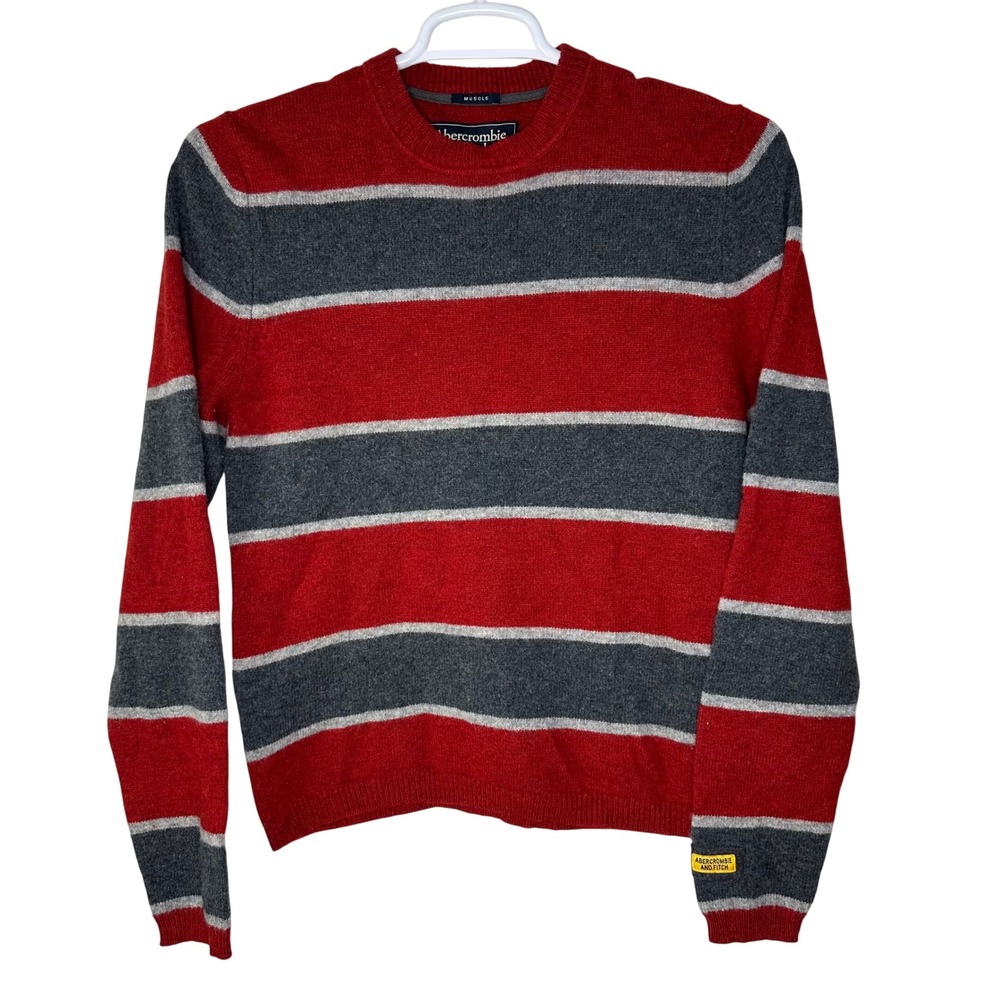 Vintage Y2K Abercrombie Fitch Muscle Sweater Men Large Red Gray Stripe Lambswool